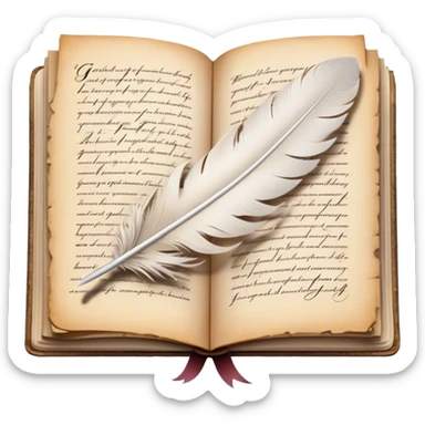 Create a poetic and elegant emoji representing poetry. The design should feature several vintage, gracefully flying pages with short, poetic columns written on them. A white feather quill should be depicted writing on one of the pages, with ink flowing smoothly. The pages should have a soft, antique look, with subtle details to convey the delicate nature of poetry. Use soft, light colors with a romantic, airy feel. Make the background transparent. sticker