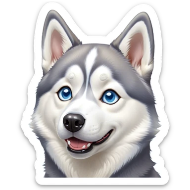 Cinematic Comical Siberian Husky Portrait Emoji, Head tilted dramatically with an exaggeratedly amused or surprised expression, featuring a striking grey and white coat with bold accents, wide, expressive icy blue eyes filled with playful disbelief, Simplified yet hilariously expressive features, highly detailed, glowing with a slightly sassy glow, high shine, dramatic yet playful, stylized with an air of cheeky mischief, bright and endearing, soft glowing outline, capturing the essence of a spirited and over-the-top companion, so meme-worthy it feels like it could side-eye its way into internet fame instantly! sticker