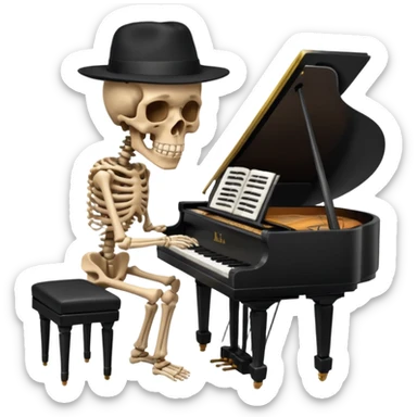 a human skeleton in anatomical proportion wears a black hat and plays the piano sticker