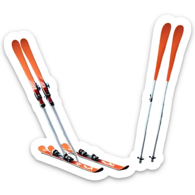 An icon featuring a pair of skis and ski poles in the foreground, set against a picturesque snow-covered slope. The background includes snowy peaks and evergreen trees, symbolizing the excitement and beauty of winter sports. Transparent background highlights the thrill of skiing and snowboarding. sticker