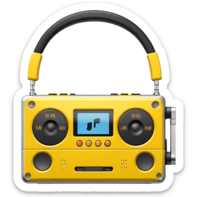 3D render of Walkman, vintage 1980s audio equipment aesthetic, tactile analog buttons, bright sports yellow plastic case with black foam headphones, mixed wood grain and brushed aluminum textures, Apple emoji style, isolated on white background --v 6.0 sticker