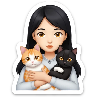 Generate an Asian girl with a black hair holding two cats. First cat is black cat with golden eyes only front chest 4 pounds has white color. Other cat is orange tabby cat with golden eyes only front chest 4 pounds has white color.  sticker
