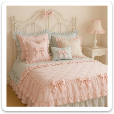 a cute, girly coquette-style bed with bows, ruffles, and pastel colors, feminine, delicate, charming sticker
