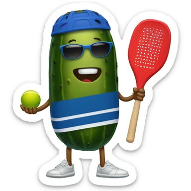 pickle with legs, wearing a jersey, holding a solid red paddle ball racket, blue backgound, wearing sunglasses sticker
