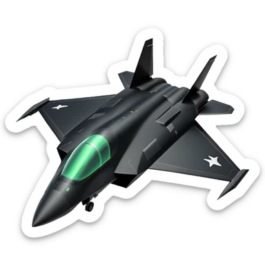Illustrate a stealth fighter jet in matte black with angular body & glowing cockpit. sticker