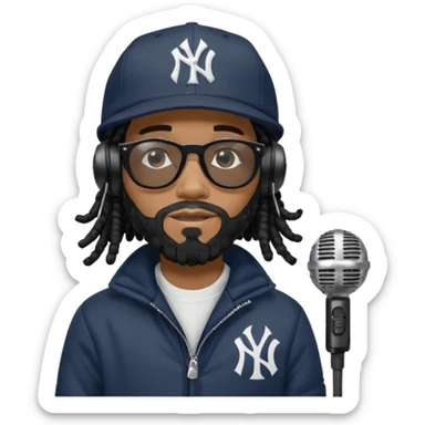 African American man with shoulder length black dreadlocks with black beard wearing black sunglasses wearing a New York Yankees logo baseball cap wearing a black bubble winter coat wearing headphones rapping into recording studio microphone with a mic cover sticker