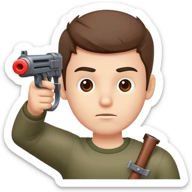 a guy aiming his head with a toy weapon  sticker
