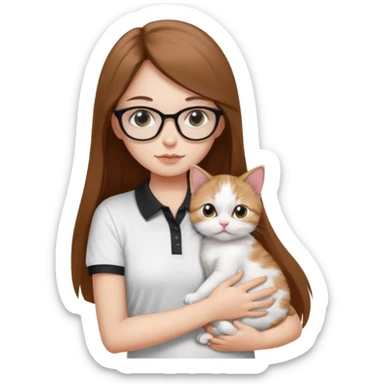 a girl with long brown straight hair, in a white a black polo t-shirt, with eyeglasses hugs a persian kitten 3 months old had a half spot black on her face and white one cat. emoji | AI Emoji Generator sticker
