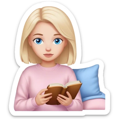 Pretty blue eyed white girl with light pink sweater reading cozy sticker