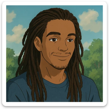 Jalen in Ghibli style, gentle smile, detailed hair sticker