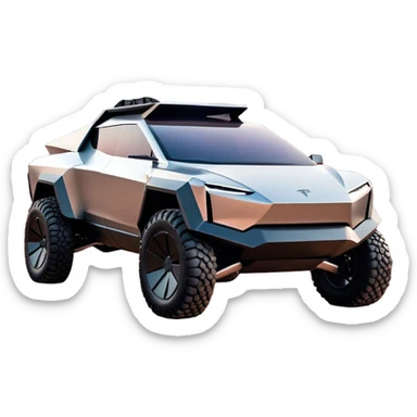 Tesla Cybertruck - A futuristic Tesla Cybertruck, angular and geometric with a sharp, triangular body shape. Stainless steel exoskeleton with a raw, unpainted, brushed-metal finish. A sleek, narrow LED light bar stretches across the entire front. Large, rugged off-road tires with exposed wheel arches. Smooth, handle-free doors and a slanted, armored rear with a retractable tonneau cover. Rear LED strip mirroring the front. The vehicle looks like a sci-fi-inspired, bulletproof stealth tank on wheels, set in a high-tech urban environment at sunset, with reflections on its metallic surface. sticker