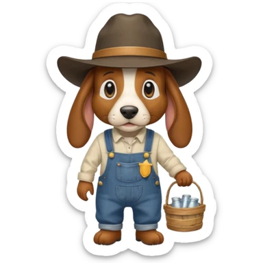 toothless hillbilly basset hound wearing a stetson and dungarees carrying moonshione sticker