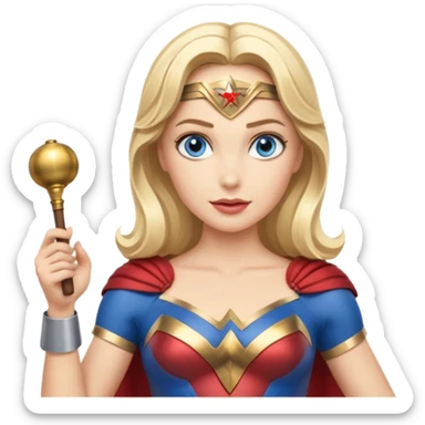 Blonde blue eyes Wonder Woman holding bell and short white orchestra conductor’s baton  sticker