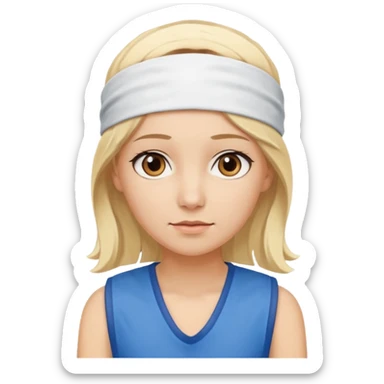 A 3D avatar of a blonde woman, who has brown eyes, is wearing a blue vest and a white headband on her head. She is looking straight at the camera. sticker
