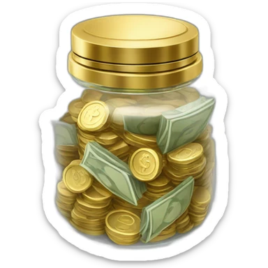 A Clear jar with a granite metallic lid filled with stacks of cash and gold  sticker
