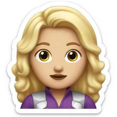 Blonde, chubby woman with hazel eyes and marvel shirt sticker