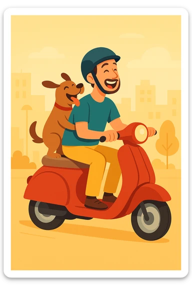 vector art of a man and his pet dog riding a vespa, for website design sticker
