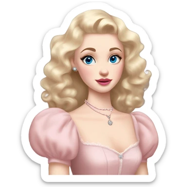 girl blonde hair pale skin blue eyes. Pink lips blush Smokey eye (but not too much). Vintage blowout with long hair not too curly.  light pink princess dress, puffed sleeves, dainty choker necklace (think Versailles but not too much). Striking beauty sticker