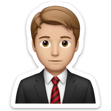 man with combed light brown hair wearing a suit with black horizontal stripes and a red tie sticker