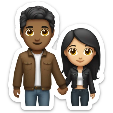 a couple holding hands. the guy has black middle part hair and is Persian and Filipino mix, wearing a jacket. the girl has brown hair white and asian mix, wearing a crop top. sticker