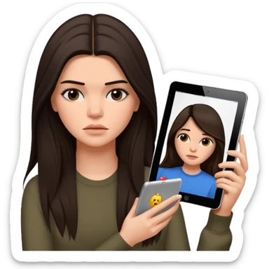 bored and sad brunette  Kendall Jenner with long hair holding iPad emoji sticker