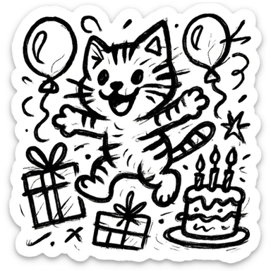 chaotic outlined icon of a happy tabby kitten jumping among balloons, birthday cake, and gift boxes, with wild, scribbled lines sticker