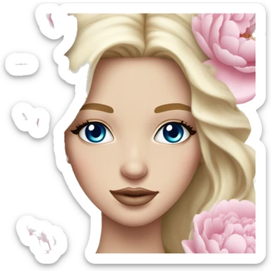 White bride with long light blonde hair and blue eyes with light pink peonies in hair white skin light pink lips sticker