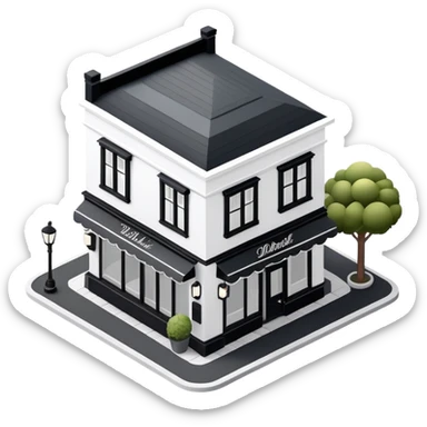 Isometric exterior little black and white upscale restaurant dollhouse style 3D realistic  sticker