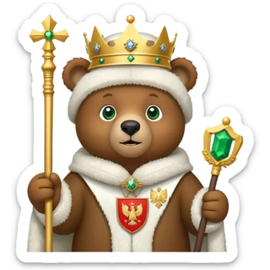Adorable brown bear with green eyes, white ushanka hat featuring very clear and accurate Russian Federation double-headed eagle coat of arms with crowns and scepter, iOS emoji style sticker