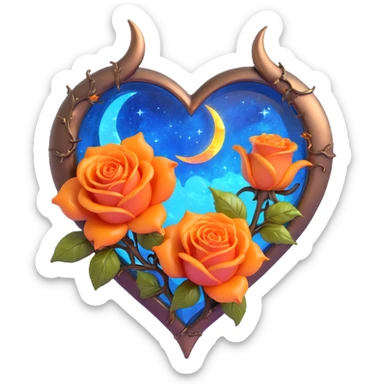 gothic heart made of bronze glass, silver crescent moon, glowing orange roses, holographic stardust, neon yellow lightning, wet and cracked glass sticker