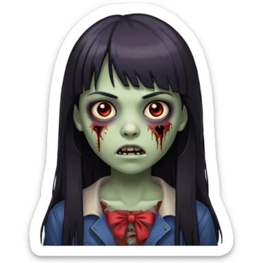 Emoji de guria zombie com cabelo longo, escuro e liso com franja, olhos escuros e boca pequena. sticker