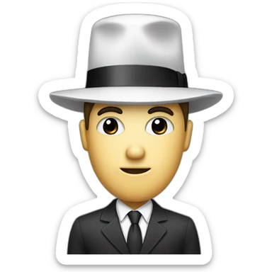 A man with a business suit and a white round head whith black round eyes and a black nose and a cone hat sticker