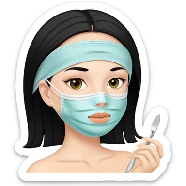 white girl with black hair doing self care, face mask, relaxing sticker
