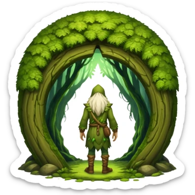 full body moss druid man, from behind walking into glowing forest portal sticker