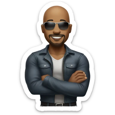 Smiling athletic bald attractive black man with goatee and sunglasses crossing arms and standing sideways sticker