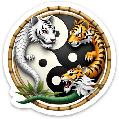 An icon symbolizing Eastern martial arts in the style of an emblem, with a black-and-white Yin-Yang symbol at the center. A dragon and a tiger are placed on either side, representing strength and wisdom. The design includes bamboo and traditional elements. Transparent background sticker