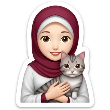 Asian White girl wearing maroon hijab wearing a white dress holding a black grey tabby cat while smiling.  sticker