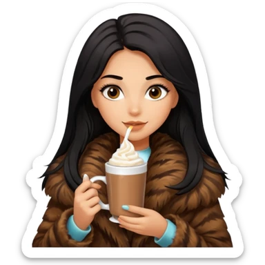 Tanned Girl with lashes , bright black long hair, in an extremely big fluffy brown fur mustang, and drinking hot chocolate drink sticker