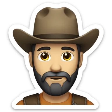 A white man using a cowboy hat and a black beard sticker