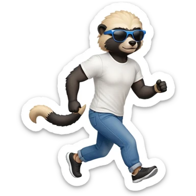 friendly anthropomorphised honey badger in jeans and a t-shirt, wearing sunglasses, jogging upright, standard pose sticker
