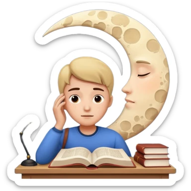 a tired person infront of a book learning with moon and stars behind sticker