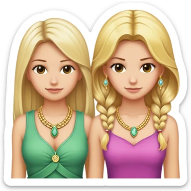 Two girls standing back to back. One girl has hair and clothing made of money, and nice jewelry on, but she is frowning. The other girl has beautiful blonde hair and pretty clothes and is smiling. sticker