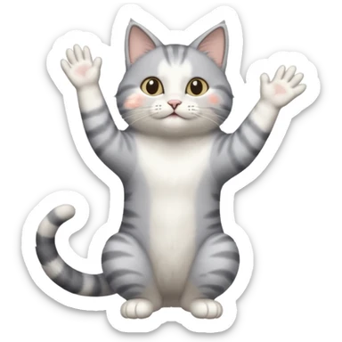 grey and white cat doing a big long stretch reaching up into the air sticker
