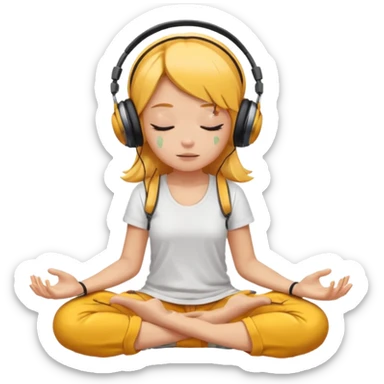 A girl is sitting cross-legged in a meditation pose, wearing headphones and listening to music. The song is so good that honey is dripping from her ears, and her expression is completely dazed because she’s enjoying the music so much. sticker