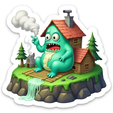 slime gore monster chilling inside traphouse with quagmire on top of mountain smoking lean sticker