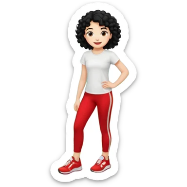 generate a pretty bratz fair skinned girl with curly black hair wearing a white tshirt trekking on a hill with red sneakers on and black leggings.  Put a hill behind her sticker
