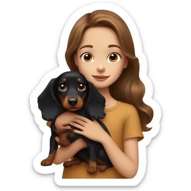 Brown long wavy hair girl with blue eyes cuddling a small honey black dachshund sticker