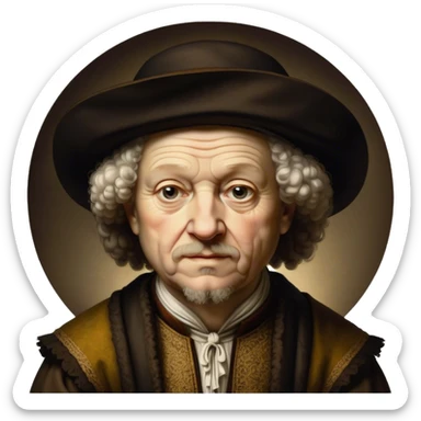 Cinematic Realistic portrait of Rembrandt, shown as a master artist with deep, introspective eyes and richly detailed period clothing, rendered with dramatic chiaroscuro lighting that emphasizes his legacy sticker