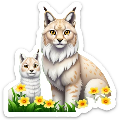 Collage of exotic animals: a lynx with striking eyes, and a fluffy alpaca standing in a lush meadow. The lynx gazes intently while the alpaca looks calm and curious. Surrounded by vibrant plants and flowers. Transparent background for a lively, colorful scene. sticker
