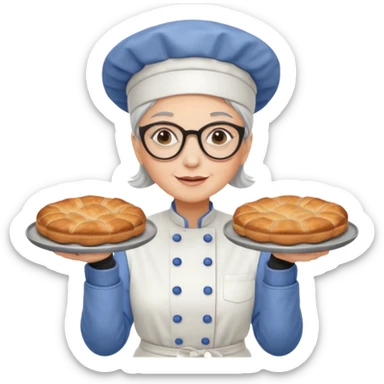 Older female pastry chef – round glasses, oven mitts on, holding a tray of pastries.

 sticker